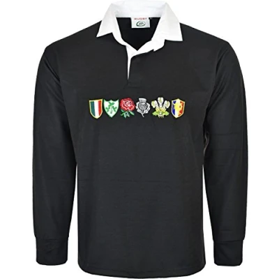 Image of Men 6 Nation Full Sleeve Rugby Fan Shirts Size S to 5XL (2XL, Black)