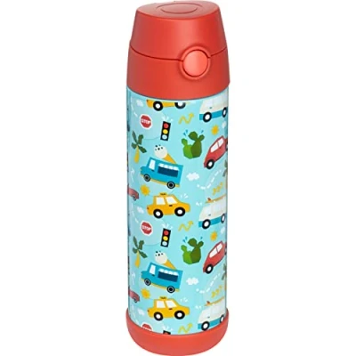 Image of Snug Kids Flask Stainless Steel Insulated Water Bottle with Straw for Children/Toddlers (Girls/Boys) Cars, 500ml