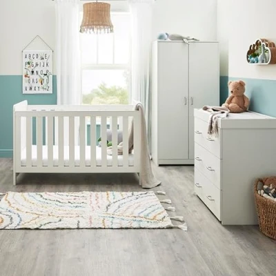Image of Babymore Caro Mini 3 Piece Nursery Room Set White Wash 1 Baby Cot Bed &amp; One 2 Door Wardrobe With Hanging Rails Chest Changer, Wooden Of Drawer Storage Cabinet Furniture