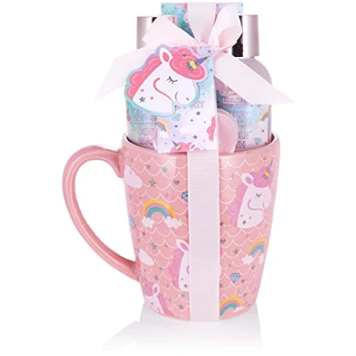 Image of BRUBAKER Cosmetics 5 Pcs. Unicorn Bath and Shower Set Cherry Blossom Scented Gift in XXL Mug