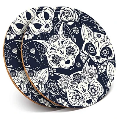 Image of 2 x Round Coasters Sugar Skull Cats Roses Cork Backed Home Kitchen Accessory Tea Coffee Mug Mat #14218