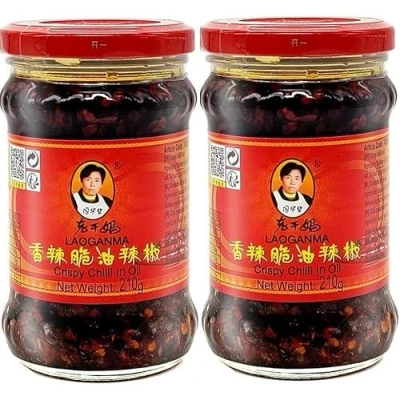 Image of Lao Gan Ma Crispy Chilli Oil 210g (Pack of 2) Laoganma Spicy Chili Crisp Hot Sauce Jar Savoury Crunchy Texture Authentic Chinese Umami Condiment for Noodles, Rice, Stir Fries and dips