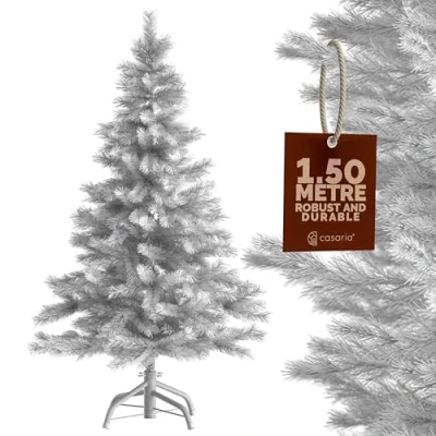 Image of CASARIA® White Artificial Fir Christmas Tree With Metal Base 5ft Xmas Stand PVC Plastic, Fire Resitant Quick &amp; Easy Assembly 150cm /