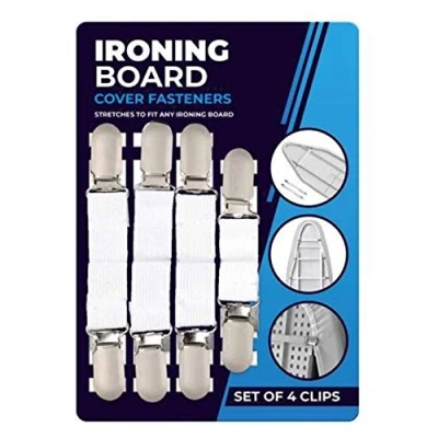 Image of IRONING BOARD COVER FASTENERS ELASTIC BRACE STRAPS LAUNDRY HOME SET OF 4 CLIPS
