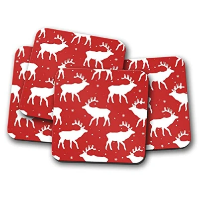 Image of 4 Set Red Reindeer Coaster Christmas Snow Flake Deer Stag Xmas Gift #14411