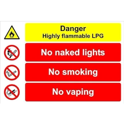 Image of Danger, highly flammable LPG, no naked lights, smoking, vaping 1mm flexible Plastic sign (400mm x 300mm)