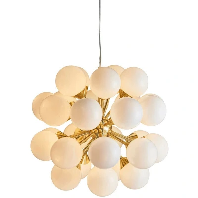 Image of Oscar Globe Pendant Satin Brushed Gold Effect Plate &amp; Gloss White Glass 28 Light Dimmable IP20 G9