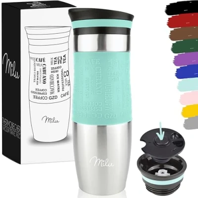 Image of Milu Thermo Mug 370ml 450ml Insulated Coffee to go 100% Leak Proof Stainless Steel Drinking Car Double Wall Insulation Travel (Teal, 450ml)