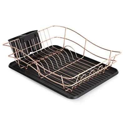 Image of Tower T81400RB Dish Rack with Tray and 2 Removable Cutlery Holders, Stainless Steel, Black Rose Gold, Large