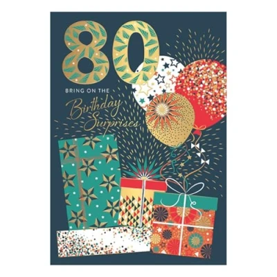 Image of Words &#039;n&#039; Wishes Male 80th Milestone Birthday Card Age 80 Balloons and Wrapped Presents with Embossed Foil Details Eco Friendly