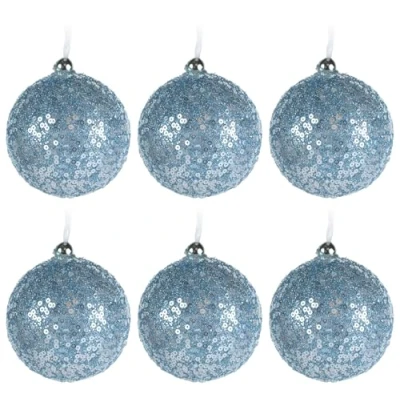 Image of Sequin Encrusted Ice Blue Shimmer Christmas Tree Baubles Decorations Set of 6