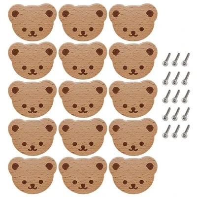 Image of Lubrol Wooden Drawer Knobs, 15 Pcs, Bear Design, Wood Cabinet Knobs for Kids Dresser, Kitchen Furniture Handles, 60x45x30mm, Colour, Lightweight