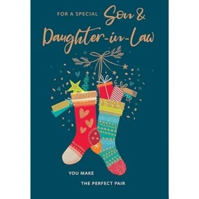 Image of Piccadilly Greetings Modern Christmas Card, Couple Son &amp; Daughter In Law, Stockings 9 x 6 inches