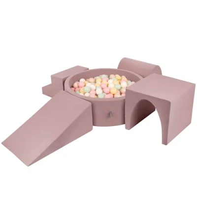 Image of KiddyMoon Foam Playground For Kids With Round Ballpit (300 Balls ∅ 7Cm/2.75In) Soft Obstacles Course And Ball Pool, Heather: Pastel Beige/Pastel Yellow/White/Mint/Powder Pink
