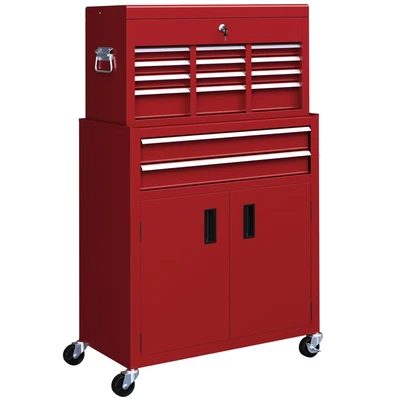 Image of HOMCOM Tool Chest, Metal Cabinet on Wheels with 6 Drawers, Pegboard, Top Chest and Roller Combo, 61.6 x 33 108cm, Red