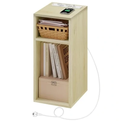 Image of WOLTU Bedside Table, Nightstand with Charging Station 2 Sockets and USB Ports, Light Woodlook Side Table Open Compartments, Narrow for Living Room Bedroom, 25x30x60cm, NTS06hei