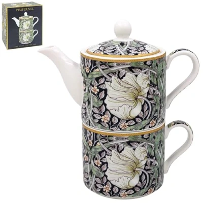 Image of Lesser &amp; Pavey William Morris Midnight Pimpernel Tea for One Set Lovely Floral Navy and White Design Ceramic Pot Mug Gift Idea