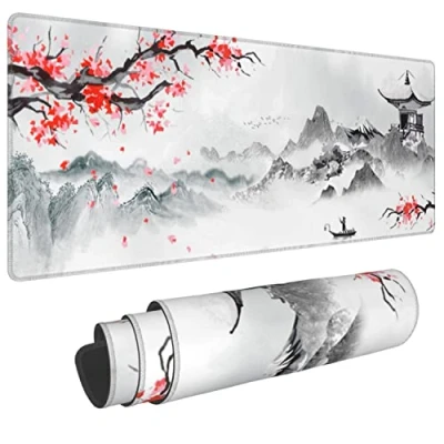 Image of Gaming Mouse Pad Pink Japanese Cherry Blossom White XXL XL Large Mat Long Extended Mousepad Desk Non Slip Rubber Mice Pads Stitched Edges (31.5x11.8x0.12 Inch)