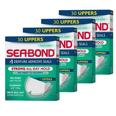 Image of Sea Bond Secure Denture Adhesive Seals, Fresh Mint Uppers, Zinc Free, All Day Hold, Mess 30 Count (Pack of 4)