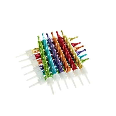 Image of Anniversary House Pack of 12 Mix Multicolour Spiral Birthday Candles with Holders, 7.5 Centimeters, Celebration Cake Decoration, AHC234, Rainbow Metallic