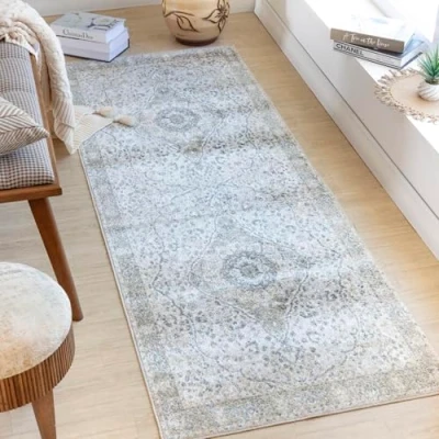Image of Surya Riffa Machine Washable Rug Vintage Runner Rugs Living Room, Kitchen, Outdoor, Hallway Traditional Boho Style Large Flatweave 80x220cm Beige