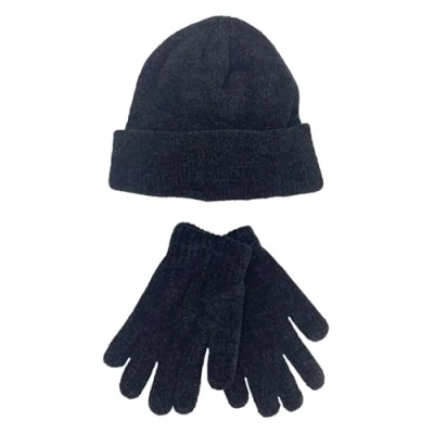 Image of Thingimijigs Ladies Soft Chenille Thermal Lined Hat &amp; Gloves Set Black