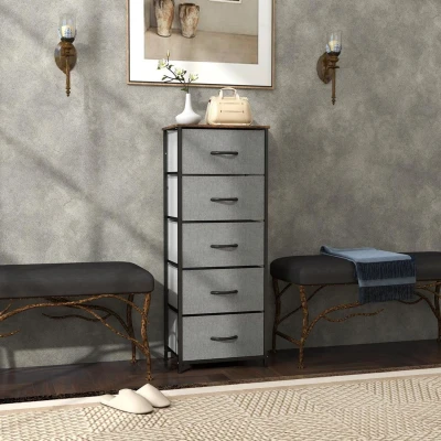 Image of HOMCOM Fabric Chest of Drawers, Industrial Bedroom Dresser with 5 Steel Frame and Wooden Top for Nursery, Living Room, Hallway, Rustic Brown Grey