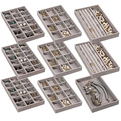 Image of Frebeauty Jewelry Organizer Tray,Stackable Velvet Trays,Drawer Inserts Earring for Women Girls Storage Display Case Rings Stud Necklaces,Set of 9(Grey)