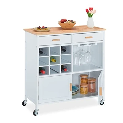 Image of Relaxdays Kitchen Trolley, HxWxD: 88.5 x 86 41 cm, Worktop, Wine Rack, Glass Holder, Wheeled Culinary Cabinet, White, Engineered Wood