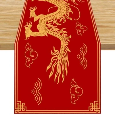 Image of Linen Chinese New Year of The Dragon Table Runner Lunar Printed Happy 2024 Decorations and Supplies Modern Wedding Runners 13x72 Inch