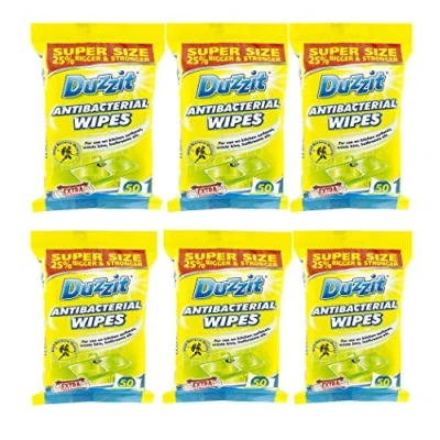 Image of Duzzit 300 Antibacterial Wipes Multipack. Kills 99.9% Of Bacteria Sterilize Home Surface Cleaning Bulk Six Packs 50 Wipes. Plus One Kerhoot Hacks Booklet.