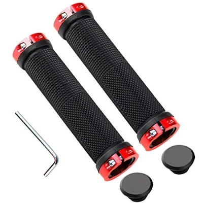 Image of QitinDasen 1 Pair Bike Handlebar Grips, Non Slip Rubber Bicycle Handle Grips with Aluminum Double Lock, Protector for MTB BMX (Red)