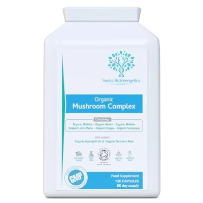 Image of Organic Mushroom Complex 120 Capsules Lion&#039;s Mane, Reishi, Chaga, Cordyceps, Shiitake &amp; Maitake Added Turmeric Acerola Fruit High Strength Beta Glucans