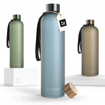 Image of LARS NYSØM Water Bottle 34oz Drinking 1 Liter Ultralight Tritan Sports Flask leak proof Ideal for sports, office, yoga 2 lids included (Sky Blue, 1000ml)