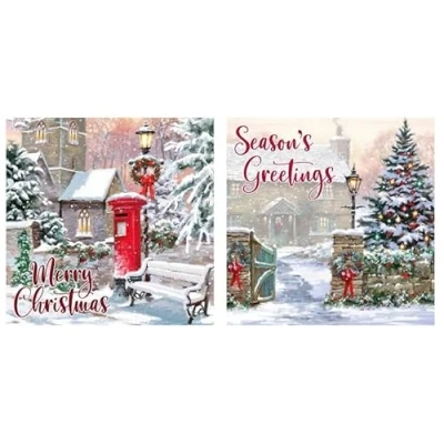 Image of Eurowrap Assorted Christmas Cards Xmas Winter Village, 2 Designs Merry and Seasons Greetings Pack of 12