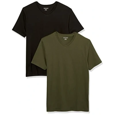 Image of Amazon Essentials Men&#039;s T Shirt Slim Fit Short Sleeved V Neck, Pack of 2, Black/Dark Olive, S