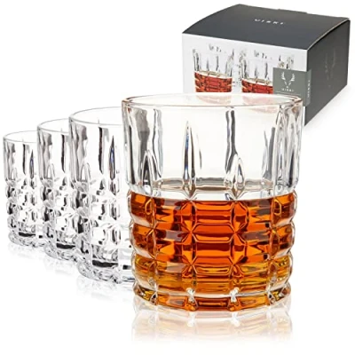 Image of Viski Highland D.O.F Set of 4, Lead Free Crystal, Classic Lowball Cocktail Barware, 10 oz, Double Old Fashioned Glass