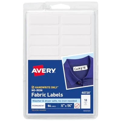 Image of AVERY No Iron Clothing Labels, Washer &amp; Dryer Safe, Writable Fabric 54 1 Pack (40720), White, 1/2&quot;x1 3/4&quot;