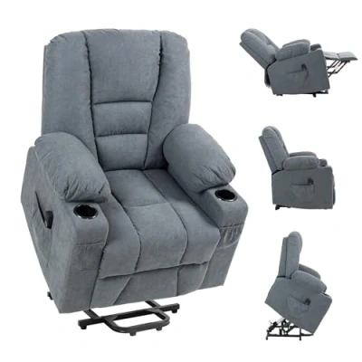 Image of HOMCOM Oversized Riser and Recliner Chairs for the Elderly, Fabric Upholstered Lift Chair Living Room with Remote Control, Side Pockets, Cup Holder, Grey