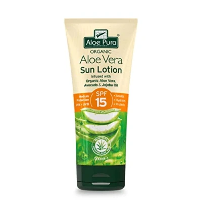 Image of Aloe Pura, Organic Vera Sun Lotion SPF 15, Natural, Vegetarian, Cruelty Free, Paraben &amp; SLS Long Lasting Shield, Medium Protection, 200ml (Packaging may vary)