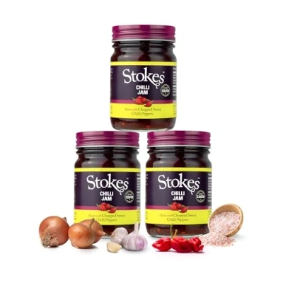 Image of Stokes Chilli Jam 3PK, Delicious Sweet Jam, Perfect With Cheese &amp; Biscuits, Award Winning Spicy Made Chillies Red Peppers, Smoky Savoury, 250g Glass Jar