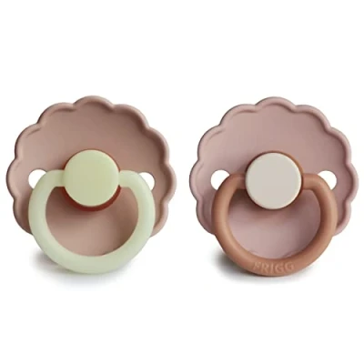 Image of FRIGG Daisy Night Latex Pacifier 2 Pack Natural Glow in The Dark Soother Cherry Shaped Nipple BPA Free Made Denmark Dummy Blush Night/Biscuit Size (6 18 Months)