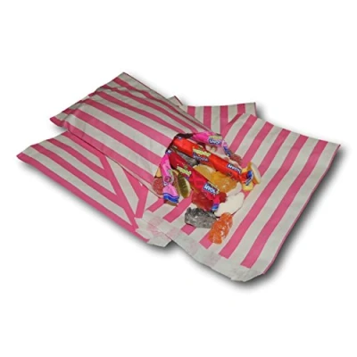 Image of EPOSGEAR® 100 Coloured Candy Stripe Sweet Paper Party Bags Ideal for Gift Shops, Wedding Favours, Carts, Buffets etc (Pink, 5&quot; x 7&quot;)