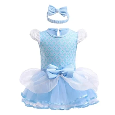 Image of Lito Angels Baby Girls Princess Cinderella Fancy Dress Up Costume Infant Bodysuit Romper with Bow Headband Age 6 9 Months, Blue 345