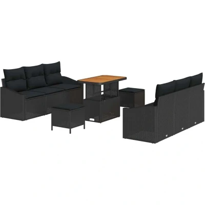 Image of vidaXL 9 Piece Garden Sofa Set with Cushions Black Poly Rattan Acacia