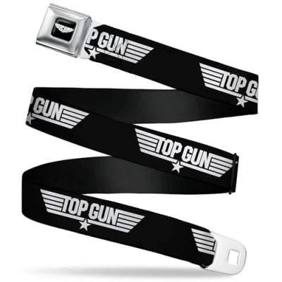 Image of Top Gun Belt, Seatbelt Buckle Title Logo Black White, Adjustable, Black, 3.81 cm Wide