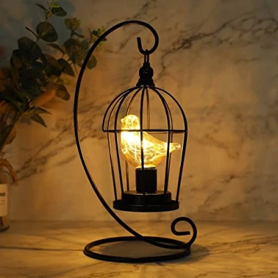 Image of JHY DESIGN Birdcage Style Decorative Table Lamp 31cm High Battery Operated Accent Cordless Lantern Lighting with Warm Fairy Lights Bird Bulb for Living Room Bedroom Kitchen Wedding Outdoor (Black)