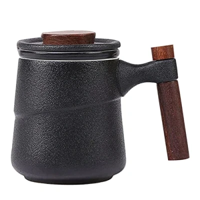 Image of NCQIXIAO Tea Cup with Infuser and Lid, Retro Mug Cups Infuser, Wood Handle Ceramic Coffee Lid for Steeping Loose Leaf 320ml/10.82OZ (Black)