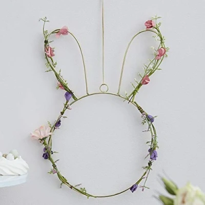 Image of Ginger Ray Easter Bunny Shaped Spring Wreath with Foliage &amp; Pastel Flowers 32cm, Gold