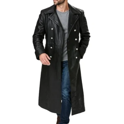 Image of Fashion_First Mens German Classic Officer WW2 Military Uniform Black Real Leather Trench Coat